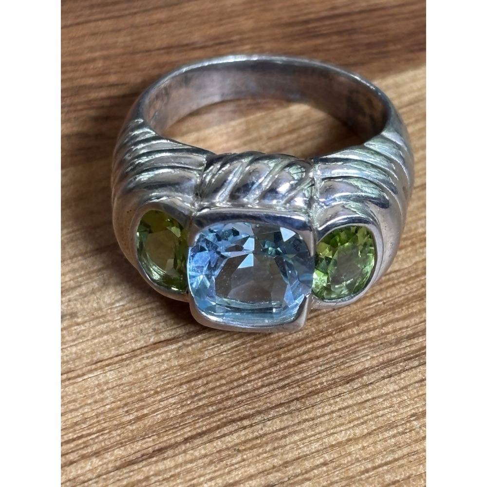 Judith Ripka Sterling Silver 925 Blue Topaz & Peridot Ring Sz 8